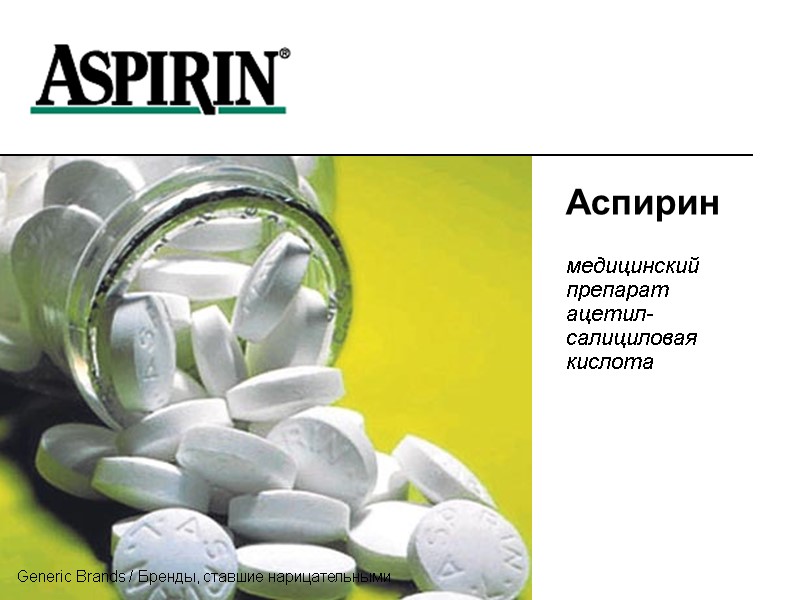 Аспирин  медицинский препарат ацетил-салициловая кислота Generic Brands / Бренды, ставшие нарицательными